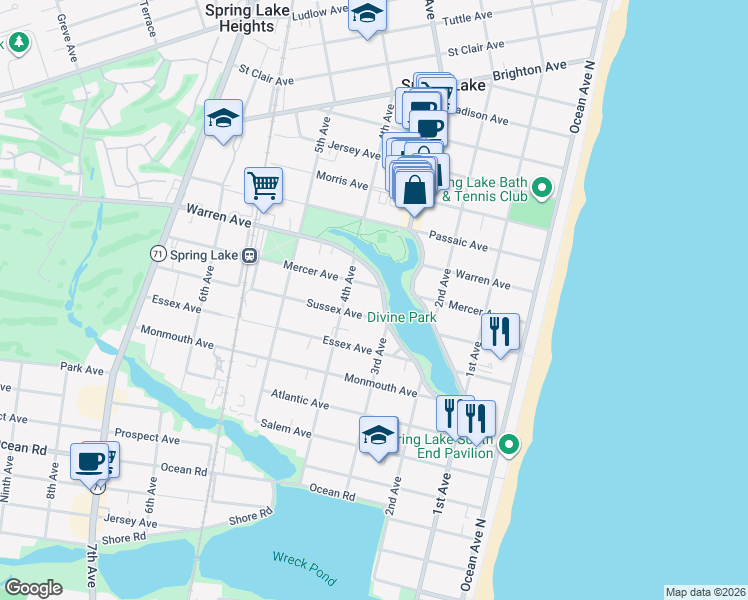 map of restaurants, bars, coffee shops, grocery stores, and more near 807 West Lake Drive in Spring Lake