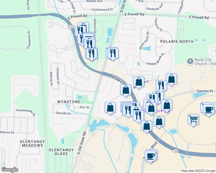 map of restaurants, bars, coffee shops, grocery stores, and more near 801 Polaris Parkway in Columbus
