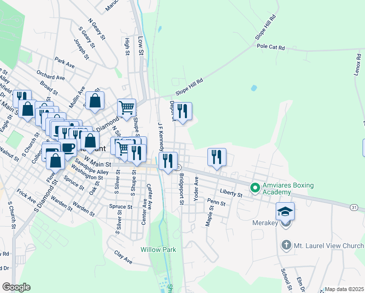 map of restaurants, bars, coffee shops, grocery stores, and more near 114 East Vine Street in Mount Pleasant