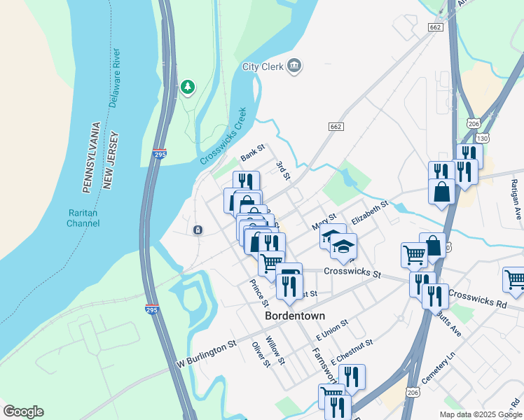 map of restaurants, bars, coffee shops, grocery stores, and more near 108 2nd Street in Bordentown