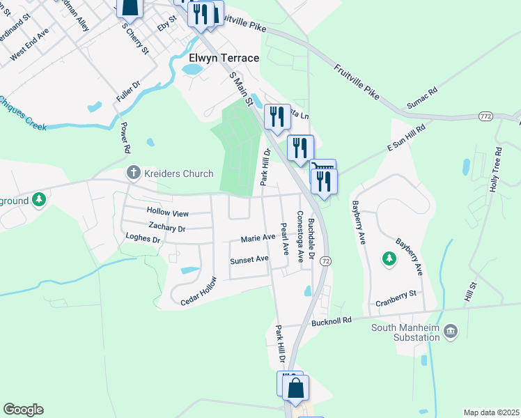 map of restaurants, bars, coffee shops, grocery stores, and more near 726 Park Hill Drive in Manheim