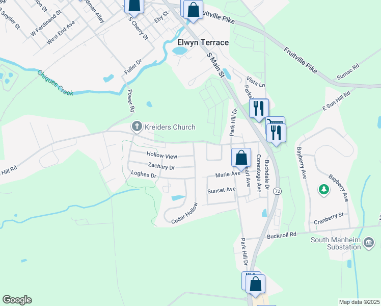 map of restaurants, bars, coffee shops, grocery stores, and more near 356 Hollow View in Manheim
