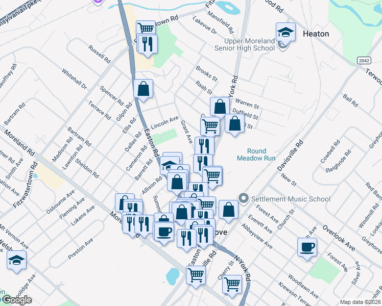map of restaurants, bars, coffee shops, grocery stores, and more near 502 Grant Ave in Willow Grove