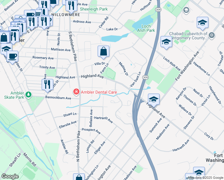 map of restaurants, bars, coffee shops, grocery stores, and more near 2211 Ash Grove Road in Ambler