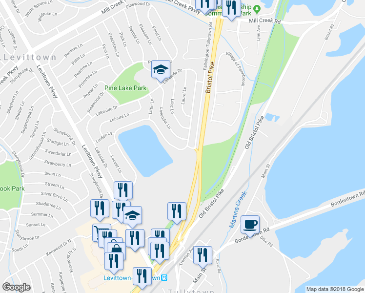 map of restaurants, bars, coffee shops, grocery stores, and more near 340 Lakeside Drive in Levittown