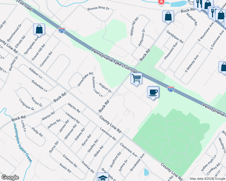 map of restaurants, bars, coffee shops, grocery stores, and more near 1901 August Drive in Bucks County