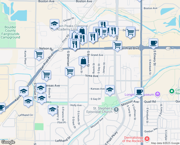 map of restaurants, bars, coffee shops, grocery stores, and more near 836 Busch Street in Longmont