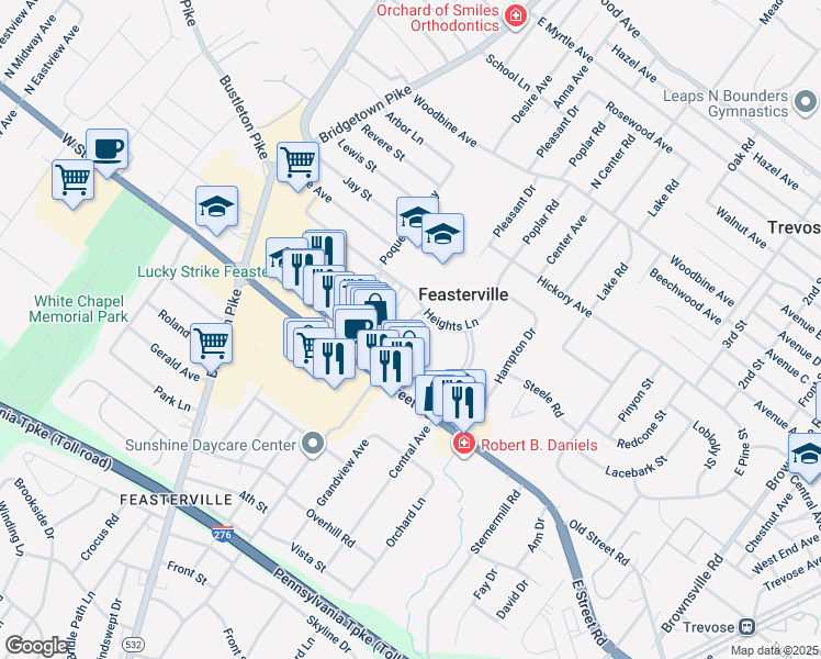 map of restaurants, bars, coffee shops, grocery stores, and more near 301 Heights Lane in Feasterville-Trevose
