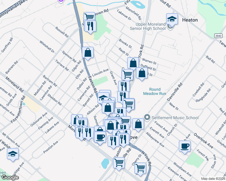 map of restaurants, bars, coffee shops, grocery stores, and more near 502 Grant Avenue in Willow Grove