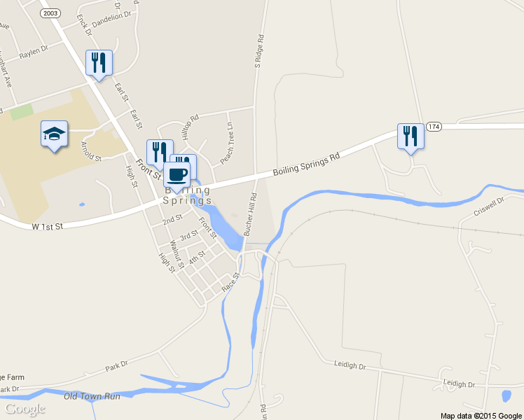 map of restaurants, bars, coffee shops, grocery stores, and more near 103 Bucher Hill Road in Boiling Springs