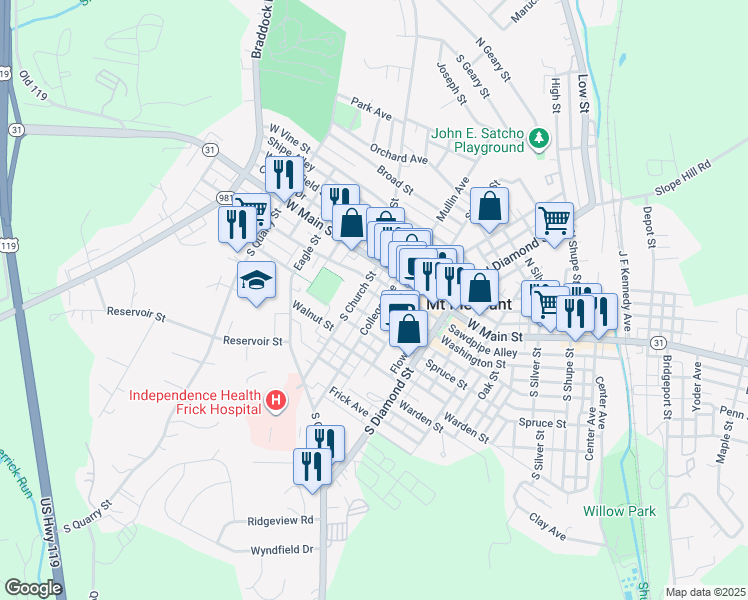 map of restaurants, bars, coffee shops, grocery stores, and more near 100 College Avenue in Mount Pleasant