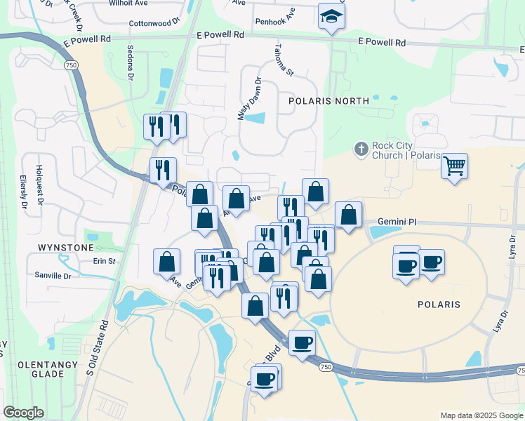 map of restaurants, bars, coffee shops, grocery stores, and more near 1000 Polaris Pkwy in Columbus