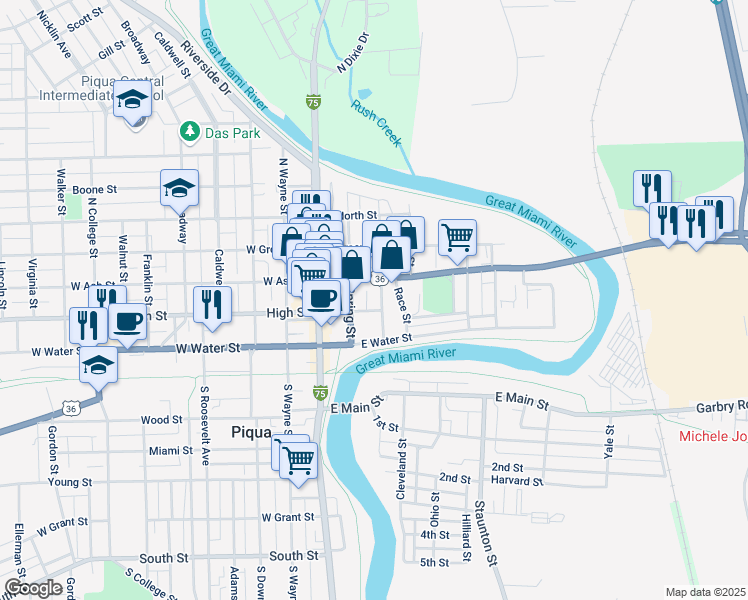 map of restaurants, bars, coffee shops, grocery stores, and more near 214 East High Street in Piqua