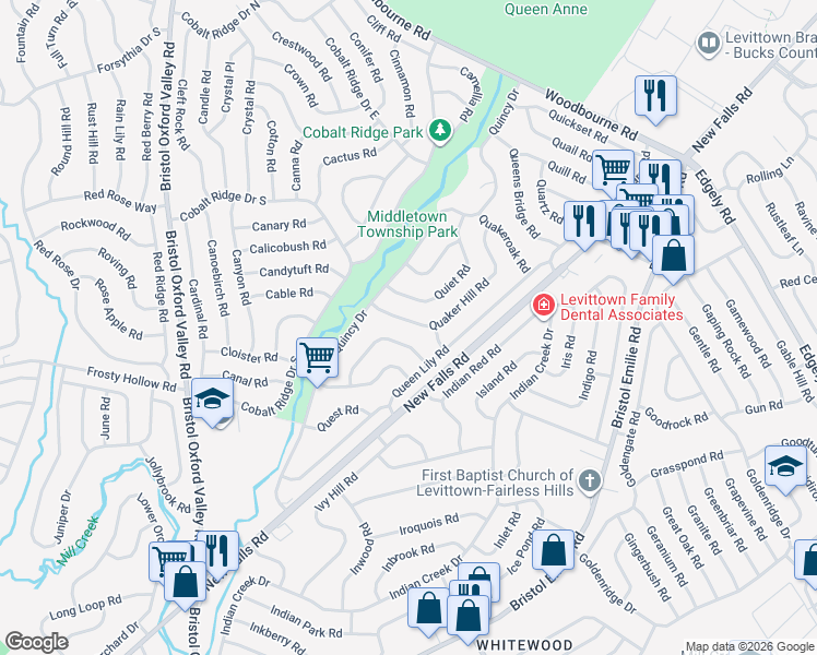 map of restaurants, bars, coffee shops, grocery stores, and more near 24 Quaker Hill Road in Levittown