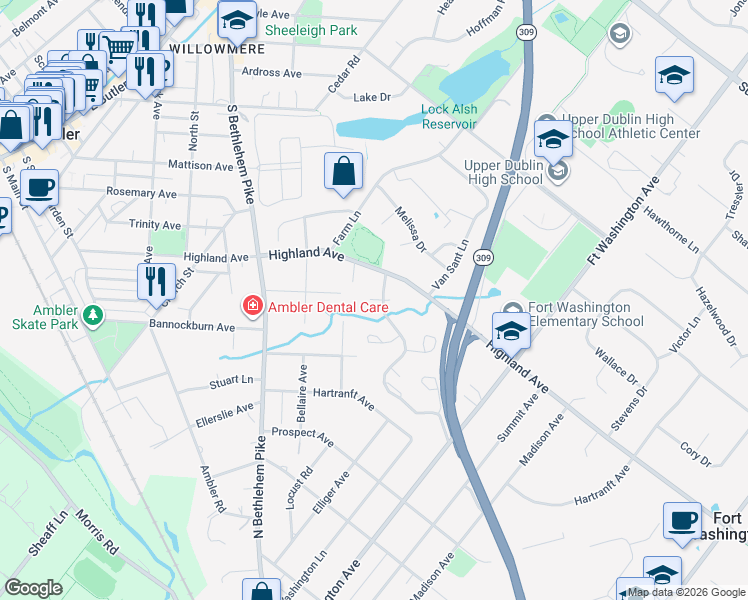 map of restaurants, bars, coffee shops, grocery stores, and more near 2200 Ash Grove Road in Ambler