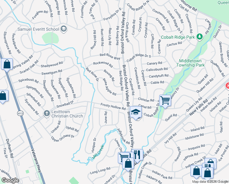 map of restaurants, bars, coffee shops, grocery stores, and more near 49 Rose Apple Road in Levittown