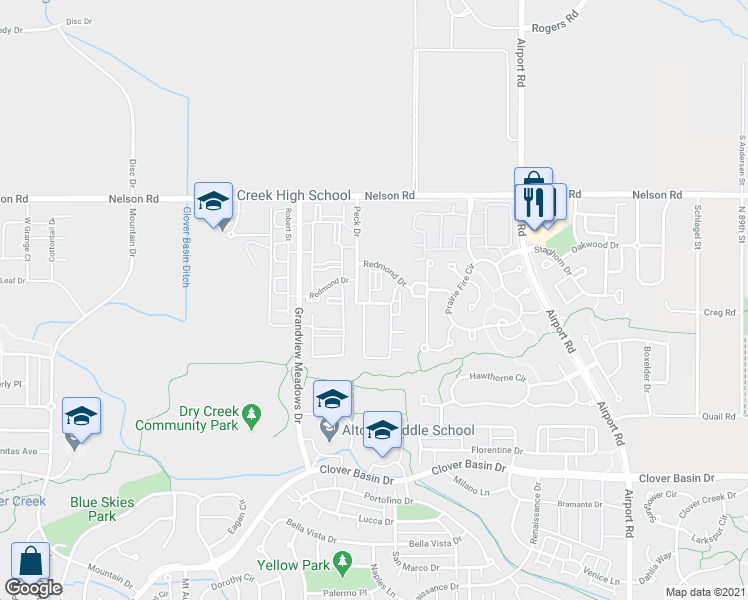 map of restaurants, bars, coffee shops, grocery stores, and more near 4505 Redmond Drive in Longmont