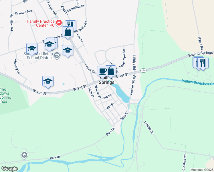 map of restaurants, bars, coffee shops, grocery stores, and more near 141 Front Street in Boiling Springs