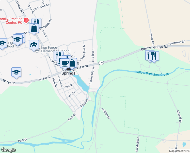map of restaurants, bars, coffee shops, grocery stores, and more near 103 Bucher Hill Road in Boiling Springs