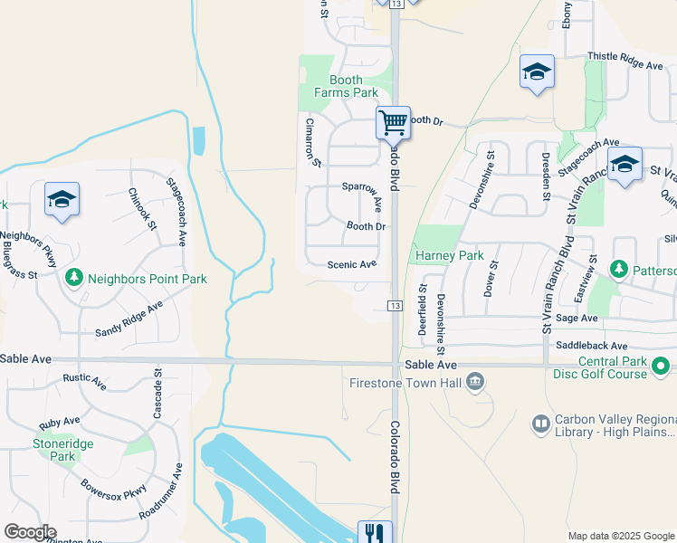 map of restaurants, bars, coffee shops, grocery stores, and more near 5858 Scenic Avenue in Longmont