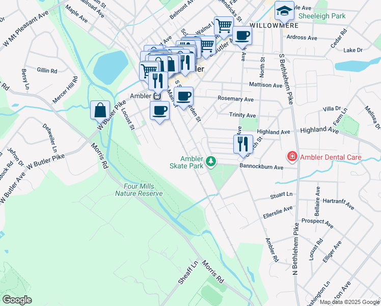 map of restaurants, bars, coffee shops, grocery stores, and more near 113 Mary Ambler Way in Ambler