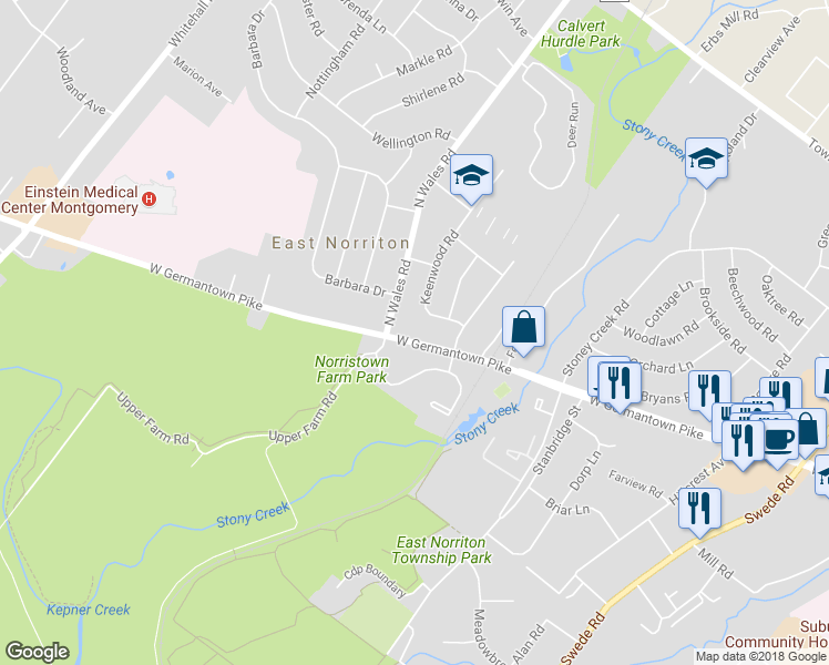 map of restaurants, bars, coffee shops, grocery stores, and more near 411 East Germantown Pike in Norristown