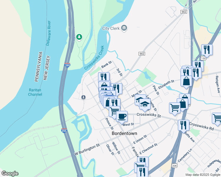 map of restaurants, bars, coffee shops, grocery stores, and more near 108 2nd Street in Bordentown