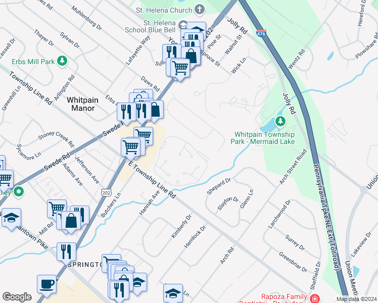 map of restaurants, bars, coffee shops, grocery stores, and more near 1100 Dogwood Circle in Blue Bell