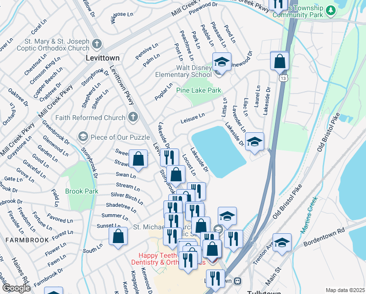 map of restaurants, bars, coffee shops, grocery stores, and more near 54 Locust Lane in Levittown