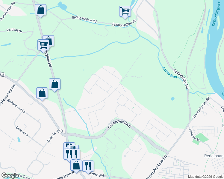 map of restaurants, bars, coffee shops, grocery stores, and more near 201 Iron Hill Way in Phoenixville