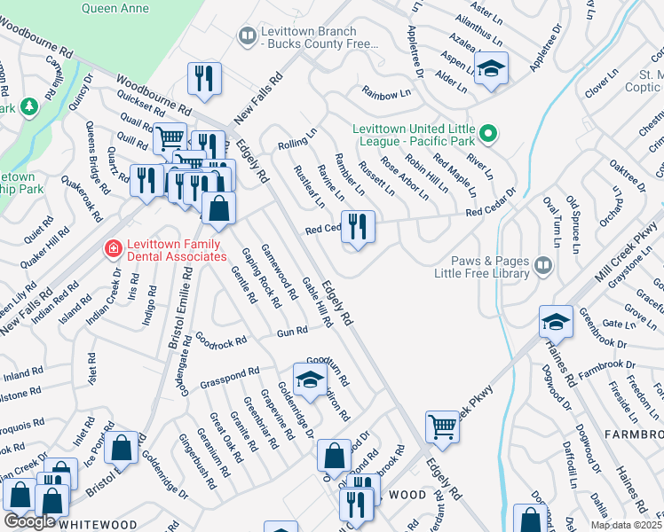 map of restaurants, bars, coffee shops, grocery stores, and more near 32 Roundwood Lane in Levittown