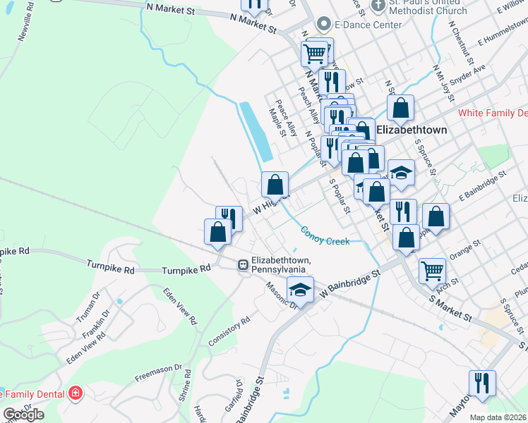 map of restaurants, bars, coffee shops, grocery stores, and more near 55 Grant Alley in Elizabethtown
