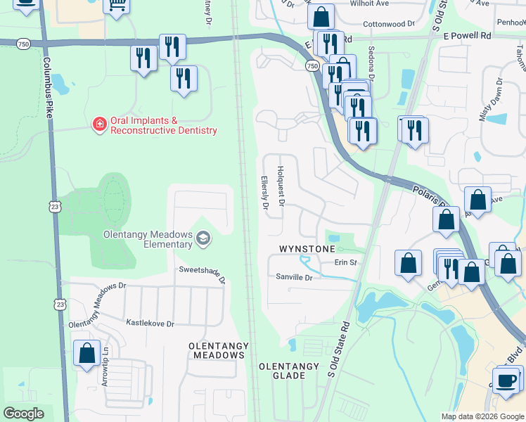 map of restaurants, bars, coffee shops, grocery stores, and more near 9033 Ellersly Drive in Lewis Center