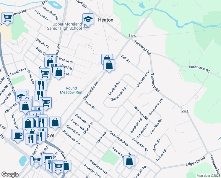 map of restaurants, bars, coffee shops, grocery stores, and more near 210 Cowbell Road in Willow Grove