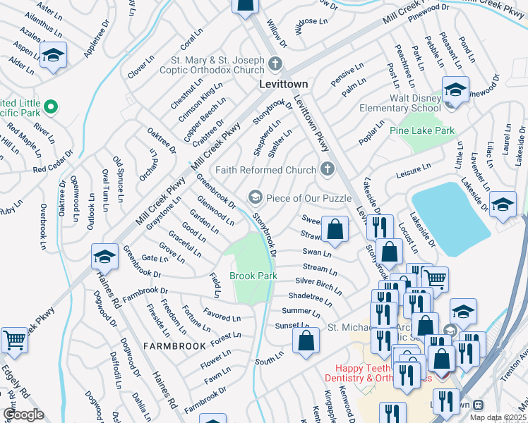 map of restaurants, bars, coffee shops, grocery stores, and more near 6 Sugarmaple Lane in Levittown