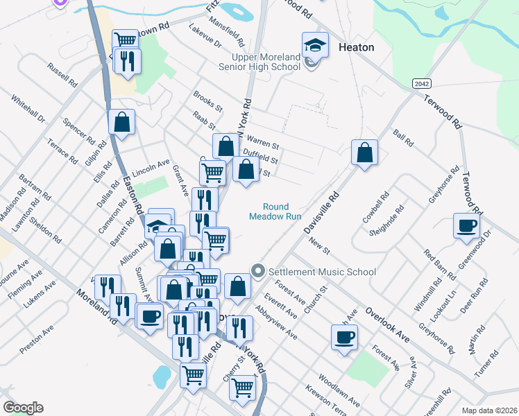 map of restaurants, bars, coffee shops, grocery stores, and more near 515 York Road in Willow Grove
