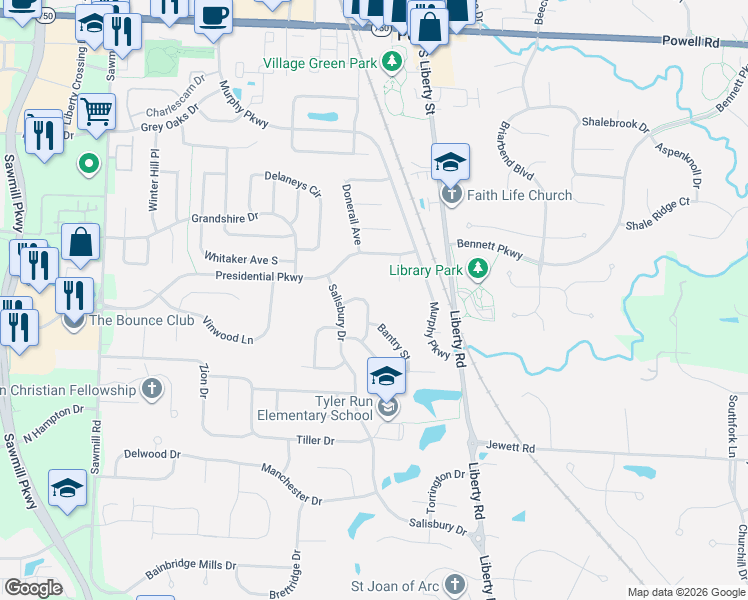 map of restaurants, bars, coffee shops, grocery stores, and more near 457 Sunridge Drive in Powell