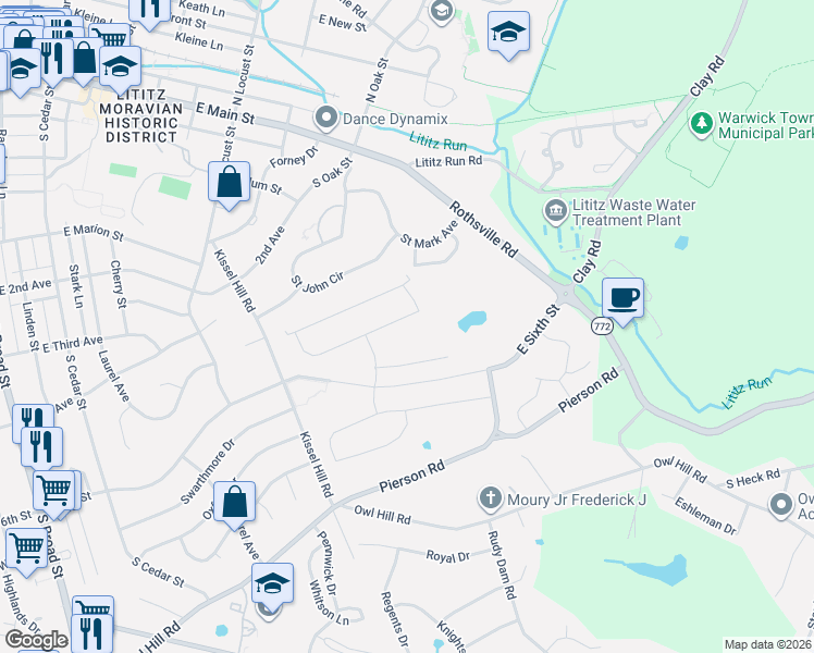 map of restaurants, bars, coffee shops, grocery stores, and more near 376 English Ivy Drive in Lititz