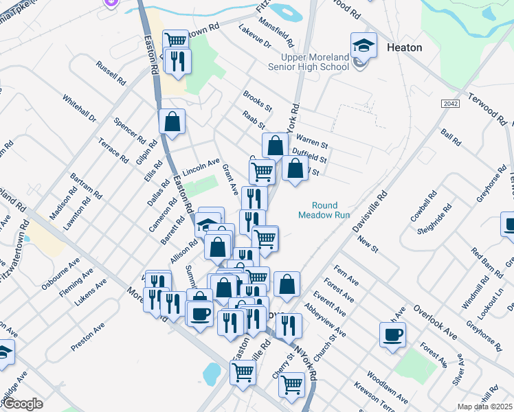 map of restaurants, bars, coffee shops, grocery stores, and more near 424 York Road in Willow Grove