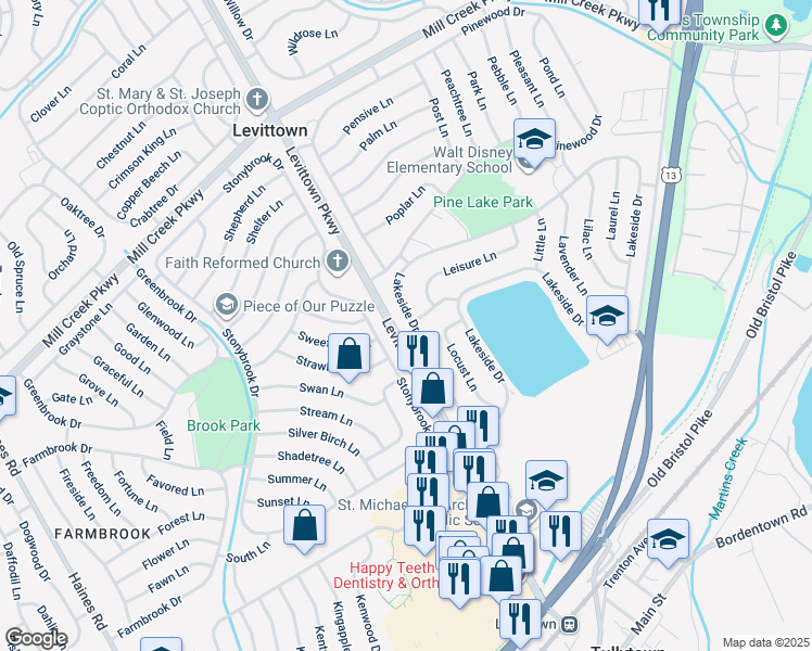 map of restaurants, bars, coffee shops, grocery stores, and more near 67 Lakeside Drive in Levittown