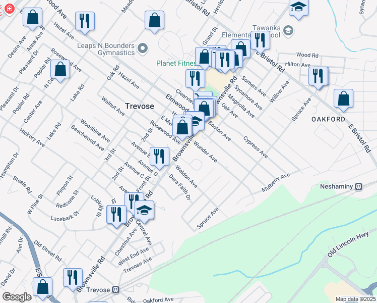 map of restaurants, bars, coffee shops, grocery stores, and more near 3855 Brownsville Road in Feasterville-Trevose
