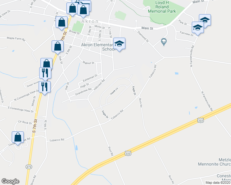 map of restaurants, bars, coffee shops, grocery stores, and more near 96 Hawk Lane in Ephrata