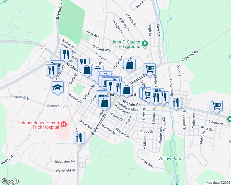 map of restaurants, bars, coffee shops, grocery stores, and more near 9 North Diamond Street in Mount Pleasant