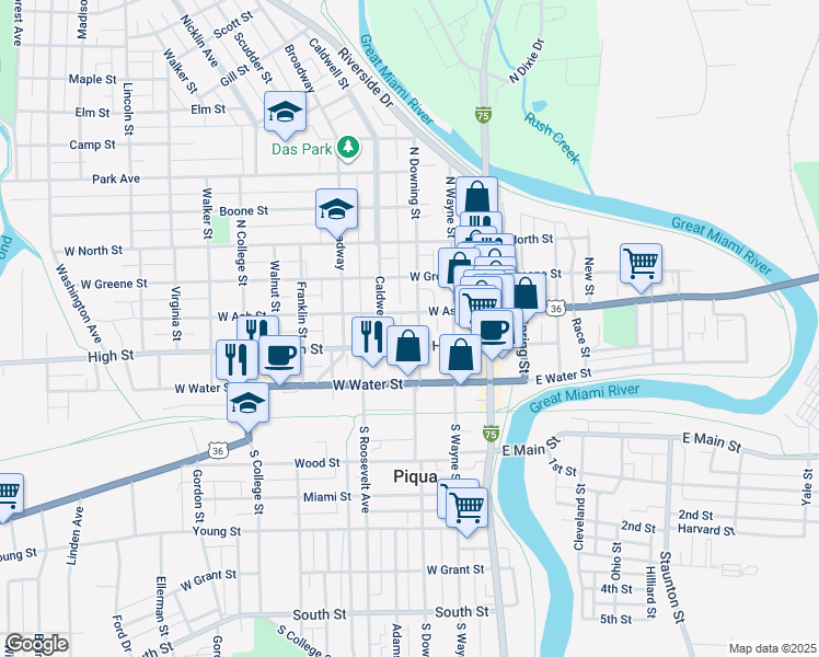 map of restaurants, bars, coffee shops, grocery stores, and more near 325 West Ash Street in Piqua