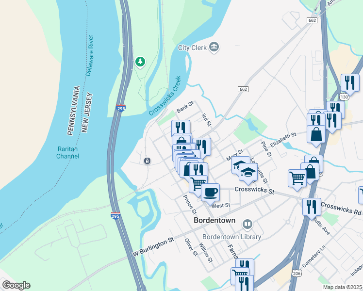 map of restaurants, bars, coffee shops, grocery stores, and more near 1-5 Park Street in Bordentown