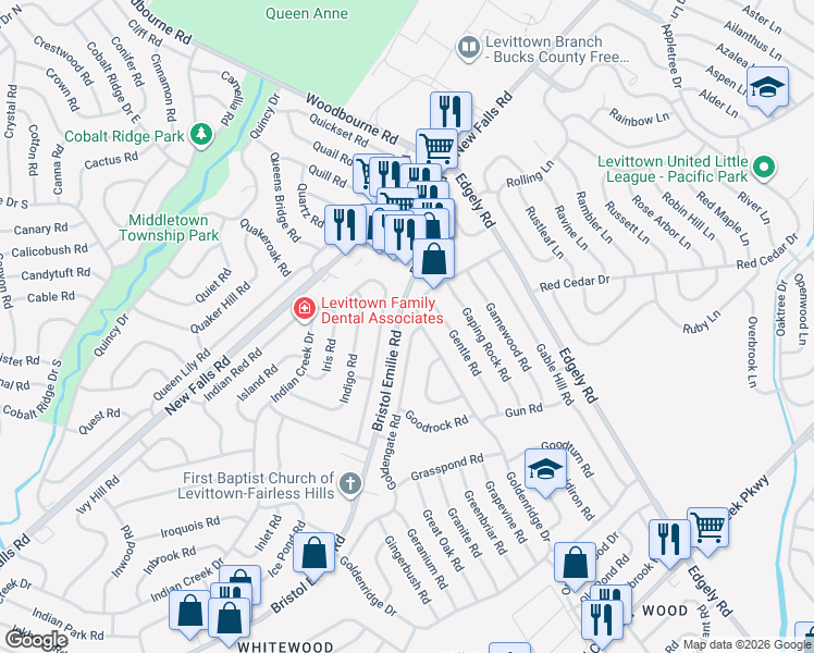map of restaurants, bars, coffee shops, grocery stores, and more near 60 Ironwood Road in Levittown
