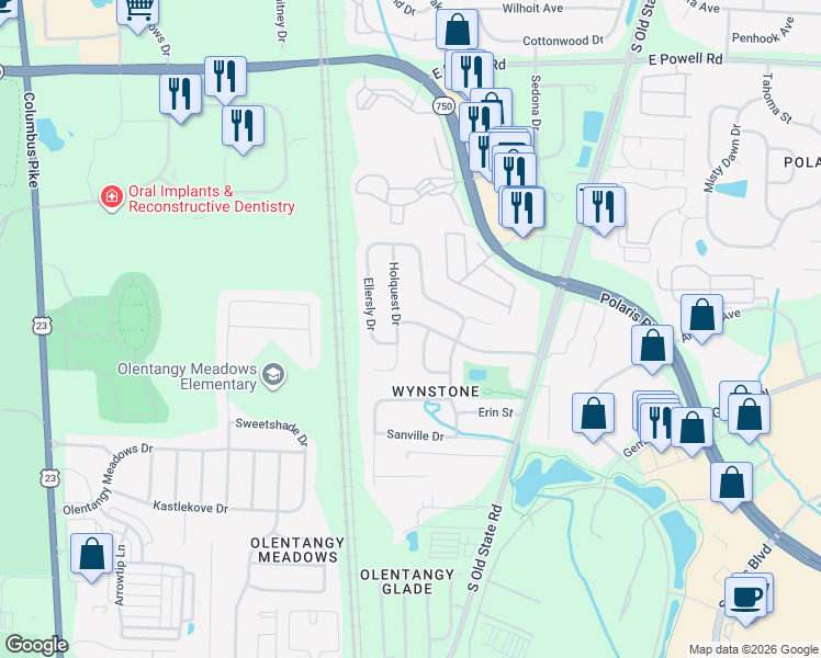 map of restaurants, bars, coffee shops, grocery stores, and more near 9012 Ellersly Drive in Lewis Center