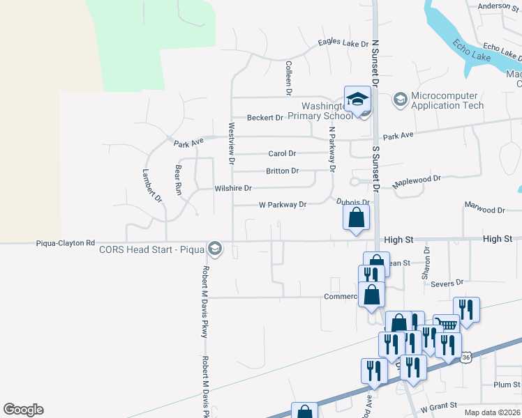 map of restaurants, bars, coffee shops, grocery stores, and more near 1837 West Parkway Drive in Piqua