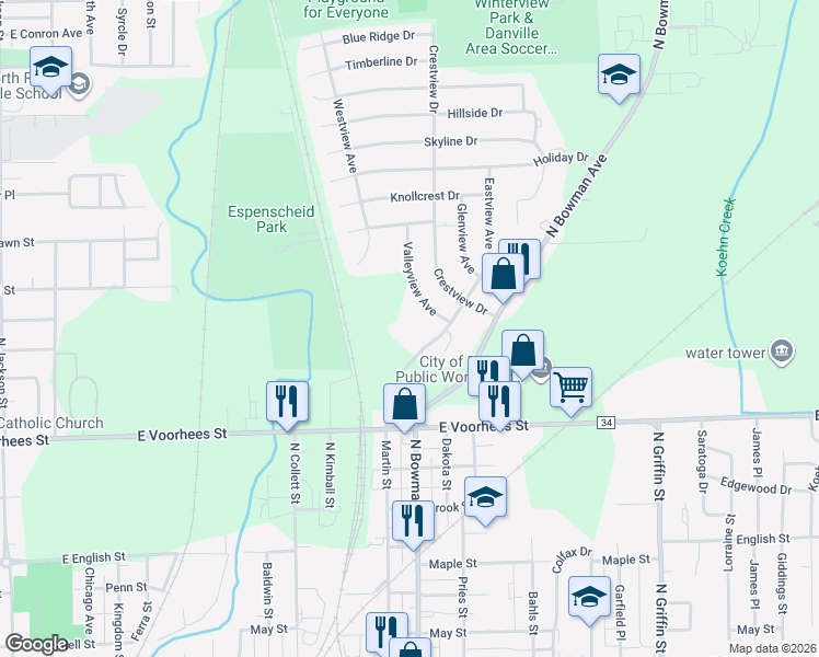 map of restaurants, bars, coffee shops, grocery stores, and more near 1500 Valleyview Avenue in Danville