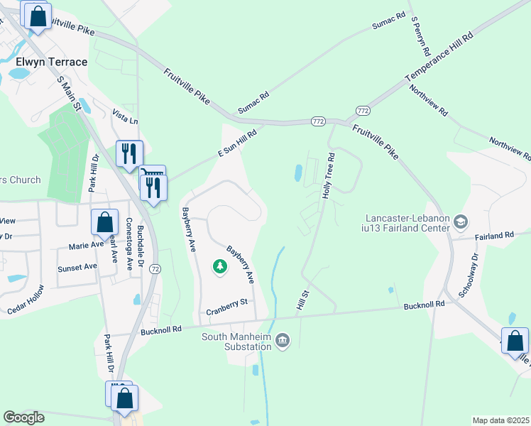 map of restaurants, bars, coffee shops, grocery stores, and more near 6209 Bayberry Avenue in Manheim